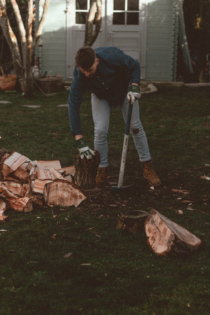 A man chops wood with an axe in a rural backyard, surrounded by chopped logs and trees.